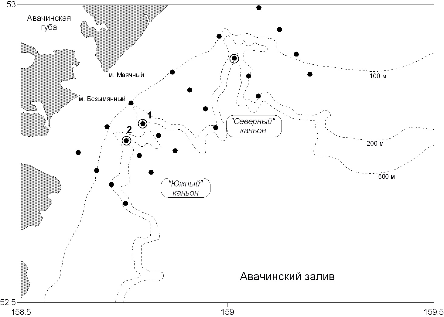 Рисунок 1. Схема расположения «реперных» точек (1, 2, 3) для выполнения ихтиопланктонных станций в районе каньонов Авачинского залива