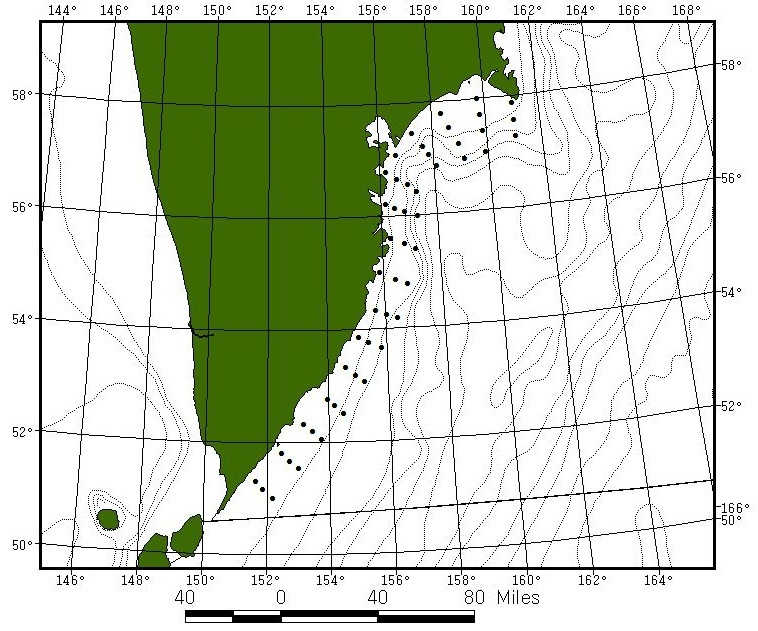 Рисунок 2. Схема учетной ихтиопланктонной съемки, выполненной 18-25.04.2012 г. на МРТК «Инженер Мартынов»