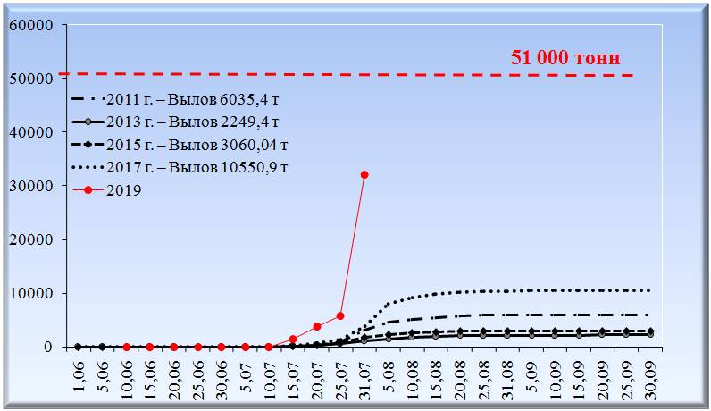Динамика нарастающих уловов нечетных поколений горбуши Западной Камчатки по данным 2011–2019 гг.